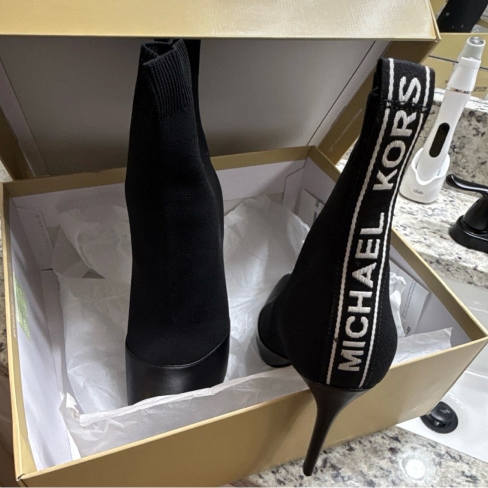 MICHAEL KORS Black Knit Sock Heel Booties with Logo Backtab